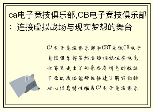 ca电子竞技俱乐部,CB电子竞技俱乐部：连接虚拟战场与现实梦想的舞台