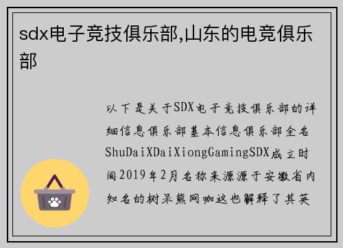 sdx电子竞技俱乐部,山东的电竞俱乐部